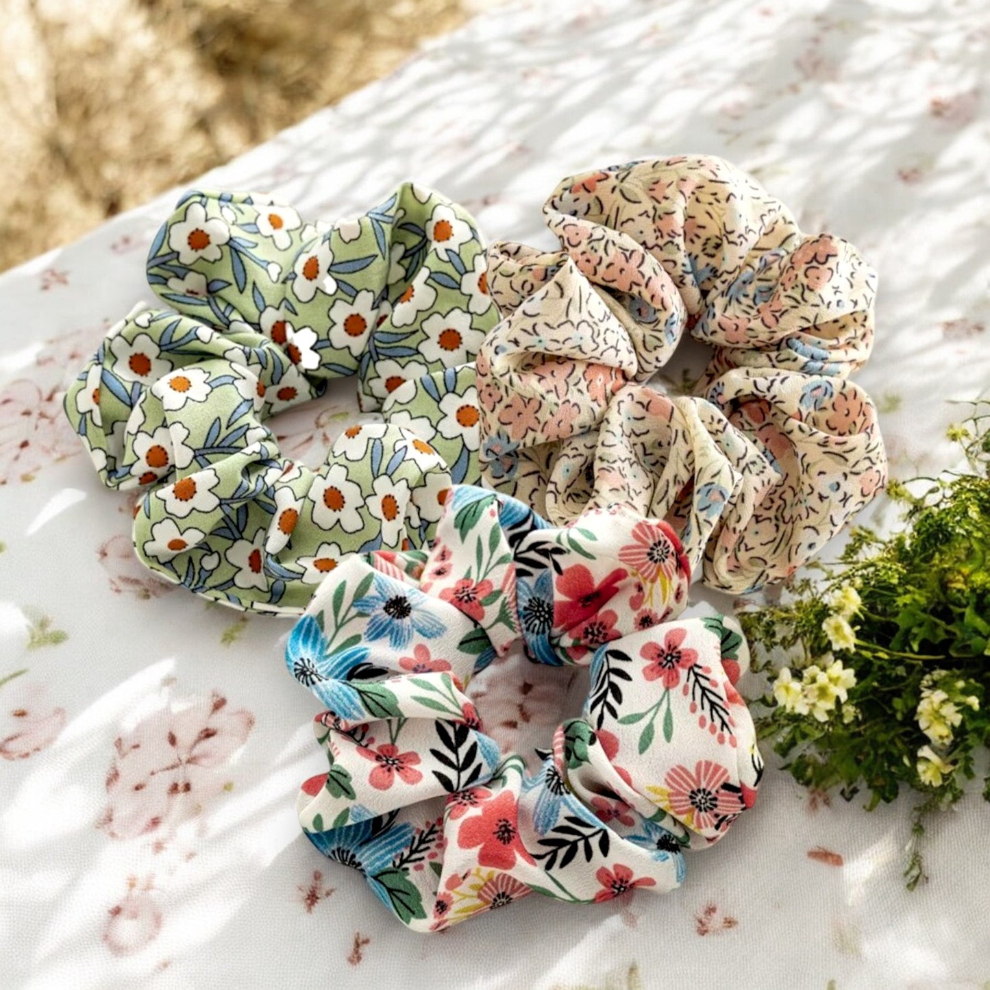 Playful Bloom Scrunchies (3 Artistic Floral Prints)