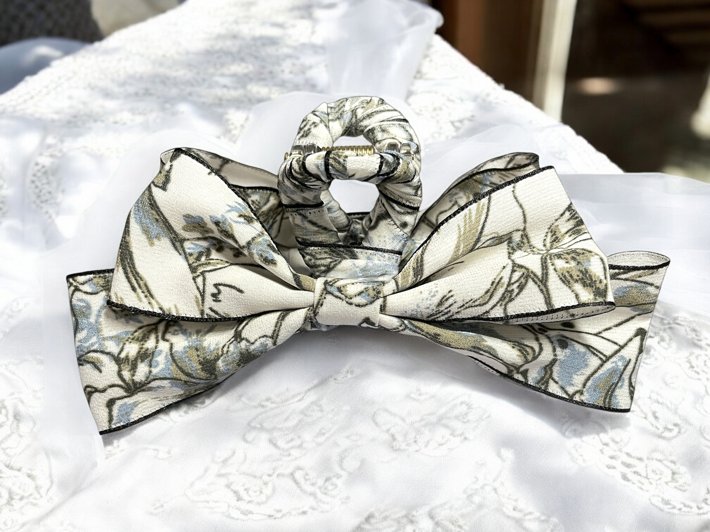 Floral Bow Hair Claw – Elegant Printed Ribbon Clip (3 Styles)