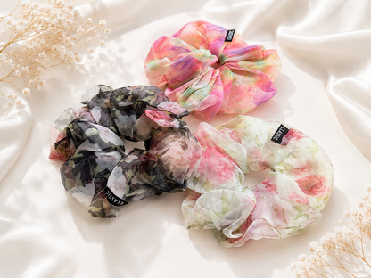 Dreamveil Bloom Scrunchie – Sheer Floral Collection (3 Colours)