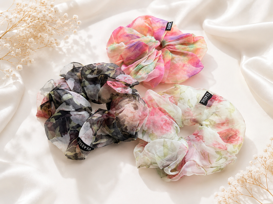 Dreamveil Bloom Scrunchie – Sheer Floral Collection (3 Colours)