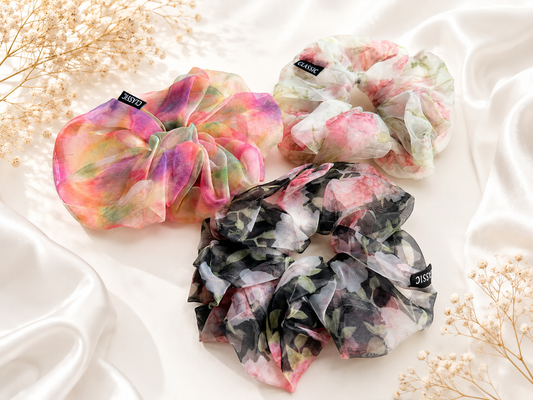Dreamveil Bloom Scrunchie – Sheer Floral Collection (3 Colours)